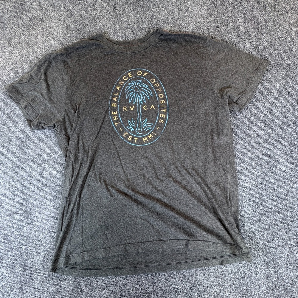 RVCA Vintage Dye The Balance Of Opposites T-Shirt Mens L Gray Palm Seal Slim Fit